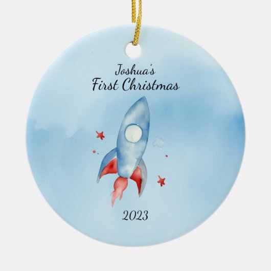 「ベビー初めてのクリスマスロケットパーソナライズされた セラミックオーナメント (正面)