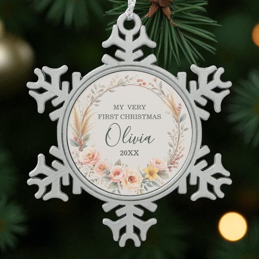 ベビー初めてのクリスマスワイルドフラワーボホパーソナライズ スノーフレークピューターオーナメント