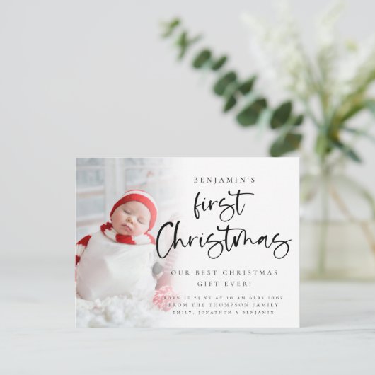 ベビー初めてのクリスマス写真の誕生発表 シーズンポストカード (スタンド正面)