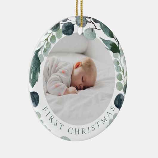 ベビー初めてのクリスマス写真ユーカリリース セラミックオーナメント (右)
