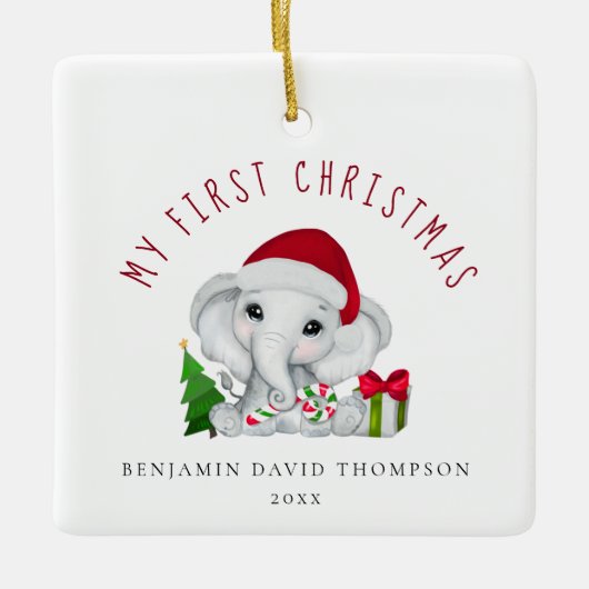 ベビー初めてのクリスマス写真可愛い象 セラミックオーナメント (正面)