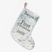 ベビー初めてのクリスマス写真名日付青い葉 スモールクリスマスストッキング (正面 (吊り時))