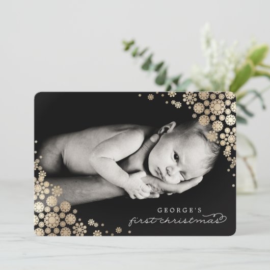 ベビー初めてのクリスマス冬の雪片フォト誕生 シーズンカード (スタンド正面)