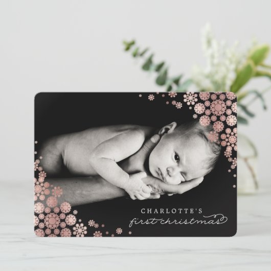 ベビー初めてのクリスマス冬の雪片フォト誕生 シーズンカード (スタンド正面)