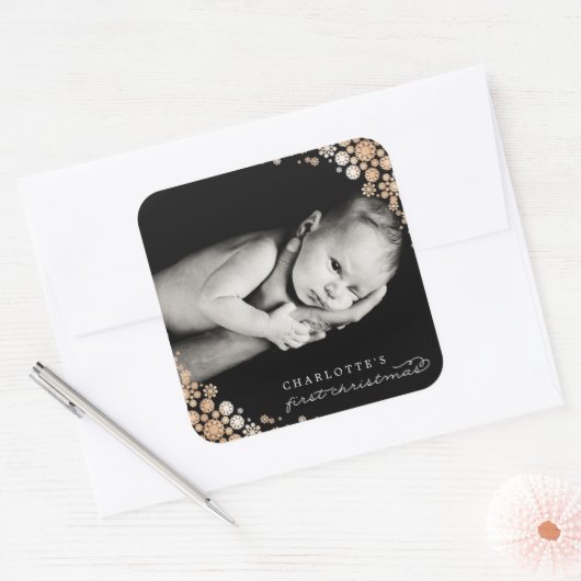 ベビー初めてのクリスマス冬の雪片フォト誕生 スクエアシール (封筒)