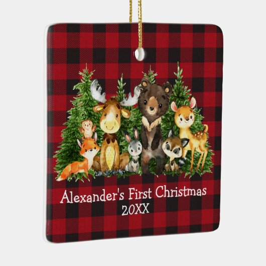 ベビー初めてのクリスマス動物の格子模様 – PHOTO BACK セラミックオーナメント (右)