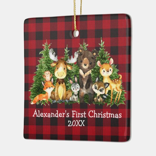 ベビー初めてのクリスマス動物の格子模様 – PHOTO BACK セラミックオーナメント (左)