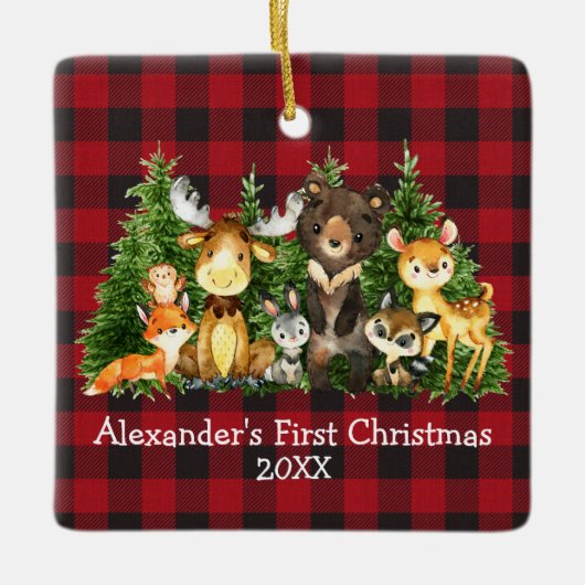 ベビー初めてのクリスマス動物の格子模様 – PHOTO BACK セラミックオーナメント (正面)