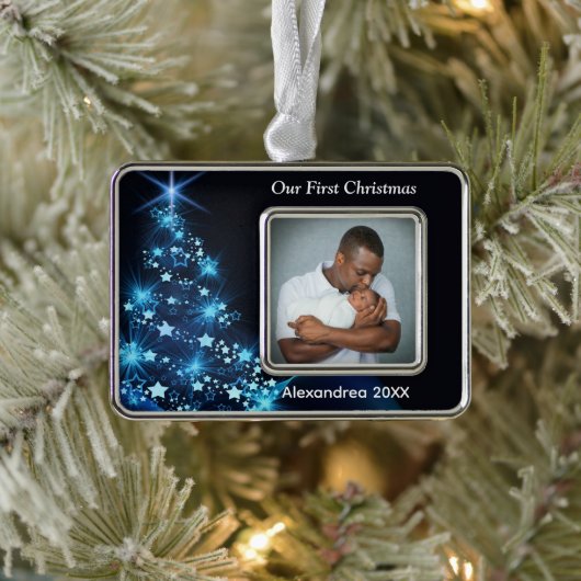 ベビー初めてのクリスマス家族の写真の個人用設定 シルバープレートフレームオーナメント (ツリー)