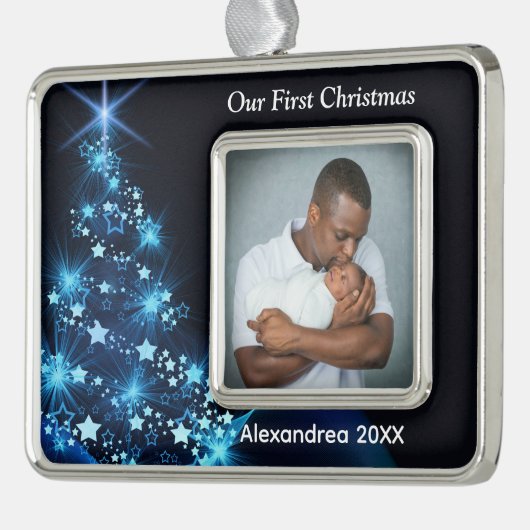 ベビー初めてのクリスマス家族の写真の個人用設定 シルバープレートフレームオーナメント (左)