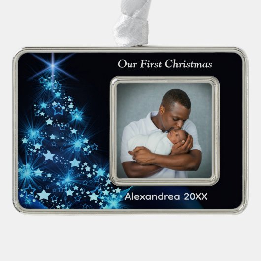 ベビー初めてのクリスマス家族の写真の個人用設定 シルバープレートフレームオーナメント (正面)