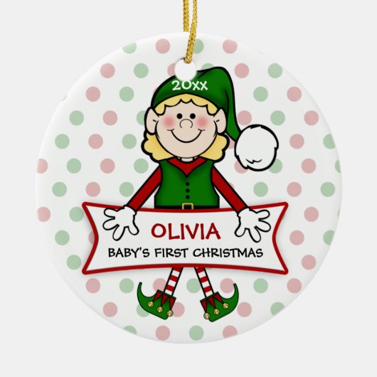 ベビー初めてのクリスマス小妖精や小人ガール セラミックオーナメント (正面)