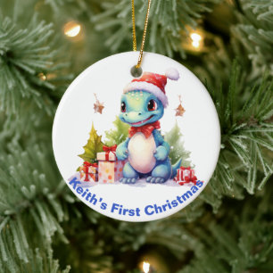 ベビー初めてのクリスマス恐竜。カスタマイズ可能 セラミックオーナメント