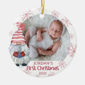 ベビー初めてのクリスマス格言ピンクスノーフレーク2写真 セラミックオーナメント (正面)
