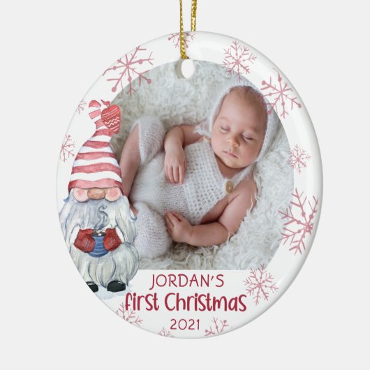 ベビー初めてのクリスマス格言ピンクスノーフレーク2写真 セラミックオーナメント (左)