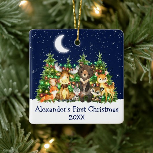 ベビー初めてのクリスマス森の動物ライトブルー セラミックオーナメント (ツリー)