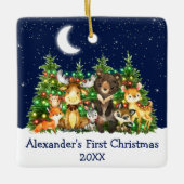 ベビー初めてのクリスマス森の動物ライトブルー セラミックオーナメント (正面)