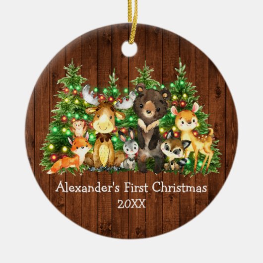 ベビー初めてのクリスマス森林動物の木のライト セラミックオーナメント (正面)