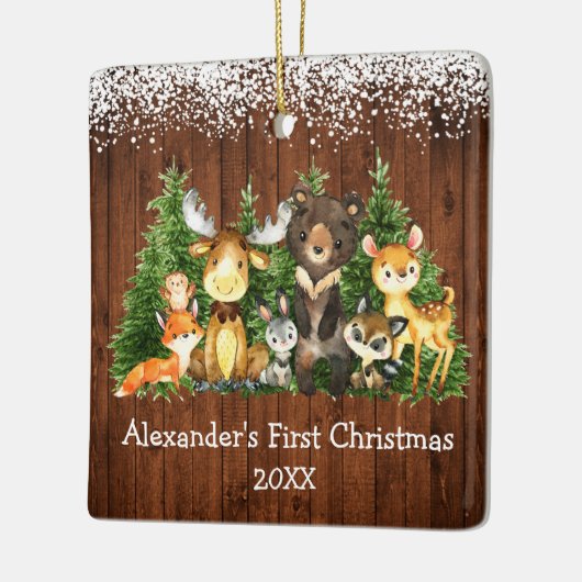 ベビー初めてのクリスマス森林動物の雪写真 セラミックオーナメント (左)