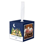 ベビー初めてのクリスマス森林動物の青い写真 キューブオーナメント (正面アングル)