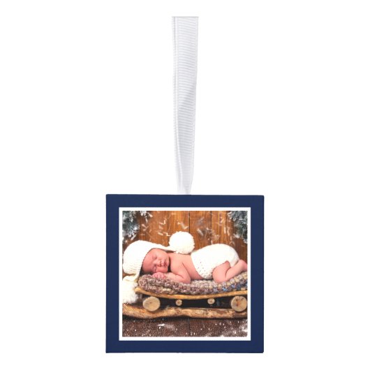 ベビー初めてのクリスマス森林動物の青い写真 キューブオーナメント (右)