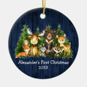 ベビー初めてのクリスマス森林動物の青い写真 セラミックオーナメント (正面)