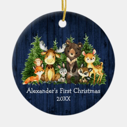 ベビー初めてのクリスマス森林動物の青い写真 セラミックオーナメント (正面)