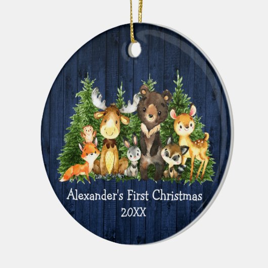 ベビー初めてのクリスマス森林動物の青い写真 セラミックオーナメント (左)