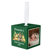 ベビー初めてのクリスマス森林動物グリーンフォト キューブオーナメント (正面アングル)