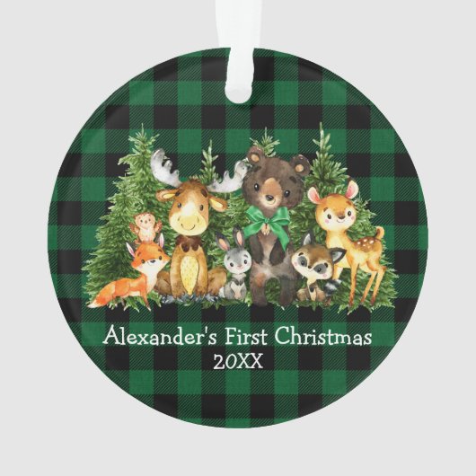 ベビー初めてのクリスマス森林動物グリーンプレイド オーナメント (裏面)