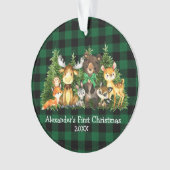ベビー初めてのクリスマス森林動物グリーンプレイド オーナメント (正面)
