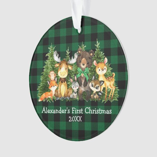 ベビー初めてのクリスマス森林動物グリーンプレイド オーナメント (正面)