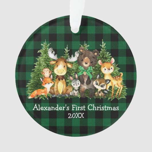 ベビー初めてのクリスマス森林動物グリーンプレイド オーナメント (正面)