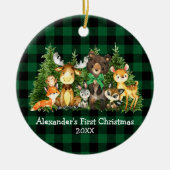 ベビー初めてのクリスマス森林動物グリーンプレイド セラミックオーナメント (正面)
