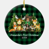 ベビー初めてのクリスマス森林動物グリーンプレイド セラミックオーナメント (裏面)