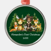 ベビー初めてのクリスマス森林動物グリーンラウンド メタルオーナメント (正面)