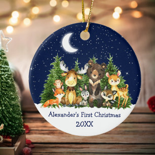 ベビー初めてのクリスマス森林動物ブルーラウンド セラミックオーナメント