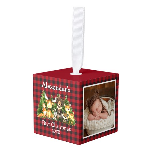 ベビー初めてのクリスマス森林動物プレイド写真 キューブオーナメント (正面アングル)