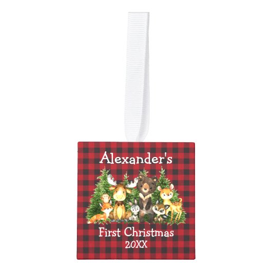 ベビー初めてのクリスマス森林動物プレイド写真 キューブオーナメント (正面)