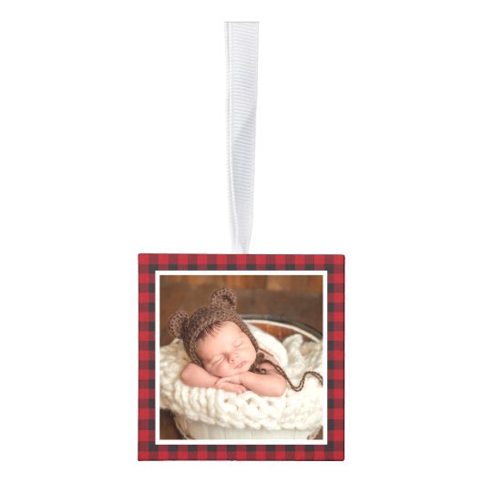 ベビー初めてのクリスマス森林動物プレイド写真 キューブオーナメント (右)