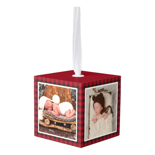 ベビー初めてのクリスマス森林動物プレイド写真 キューブオーナメント (裏面アングル)