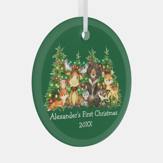 ベビー初めてのクリスマス森林動物ライトグリーン ガラスオーナメント (正面右)