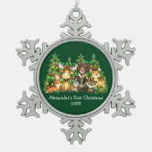 ベビー初めてのクリスマス森林動物ライトグリーン スノーフレークピューターオーナメント (正面)