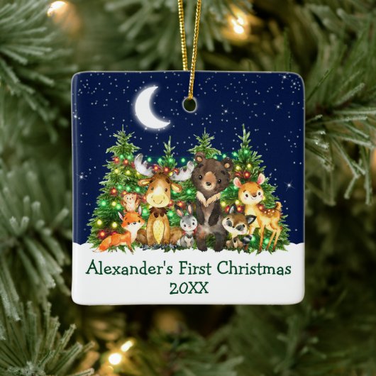 ベビー初めてのクリスマス森林動物ライトグリーン セラミックオーナメント (ツリー)