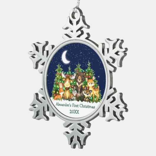 ベビー初めてのクリスマス森林動物ライトスカイ スノーフレークピューターオーナメント (右)