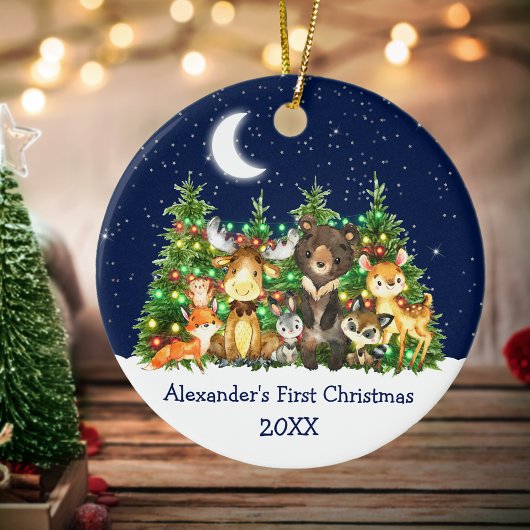 ベビー初めてのクリスマス森林動物ライトスカイ セラミックオーナメント