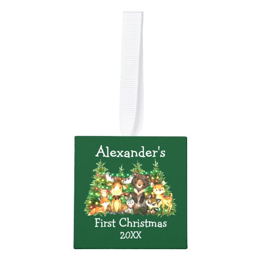 ベビー初めてのクリスマス森林動物ライトフォト キューブオーナメント (正面)