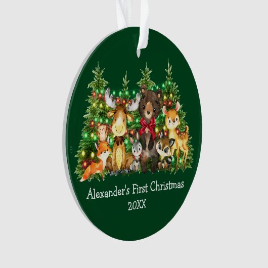 ベビー初めてのクリスマス森林動物ライトレッドボウ オーナメント (正面)