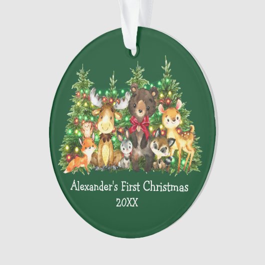 ベビー初めてのクリスマス森林動物ライトレッドボウ オーナメント (正面)