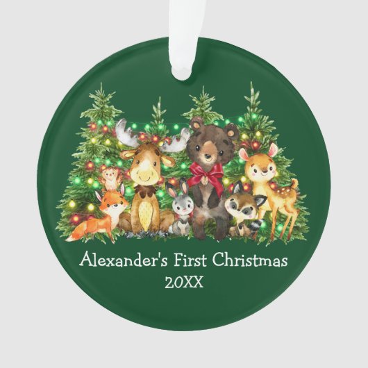 ベビー初めてのクリスマス森林動物ライトレッドボウ オーナメント (正面)